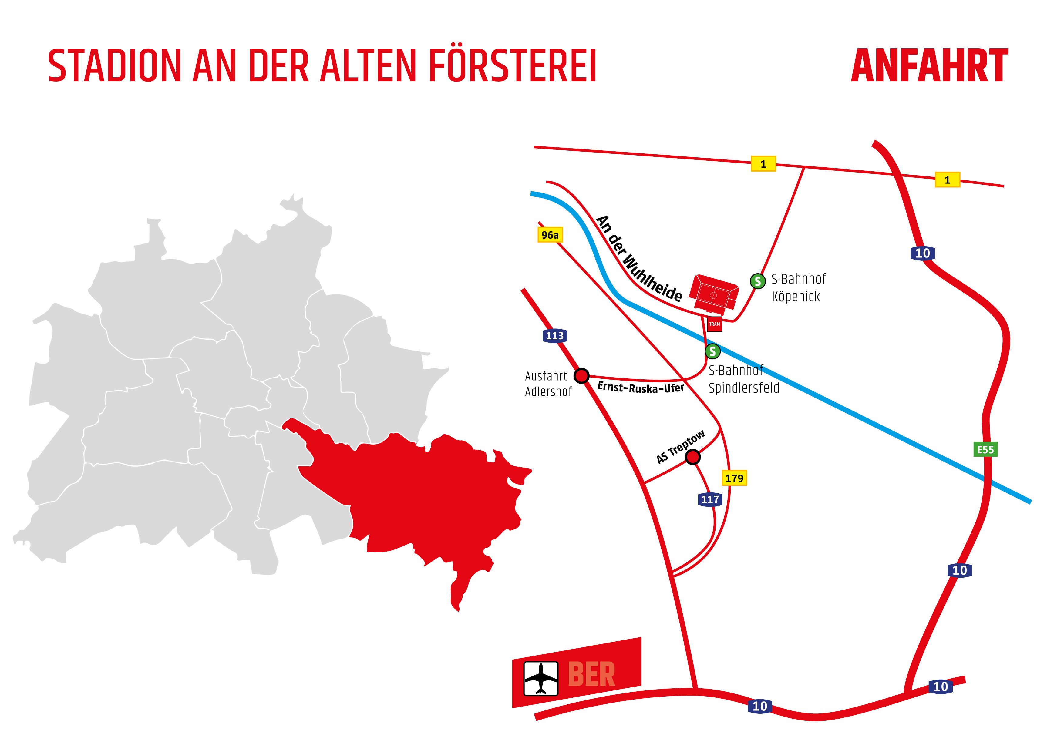 Strecke zur Anfahrt zum Stadion an der alten Försterei mit Karte und Wegbeschreibung im Berliner Stadtplan.