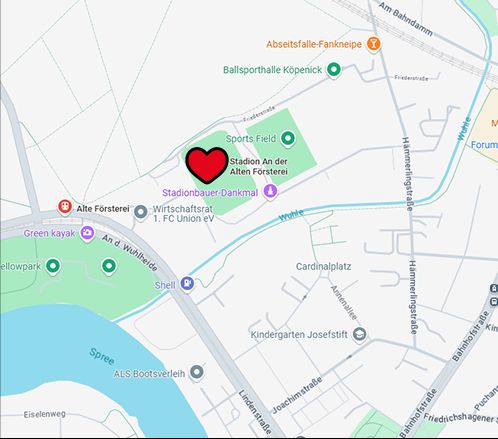 Karte mit einem roten Herzsymbol, das einen Standort in der Nähe des Stadions Alten Försterei markiert.